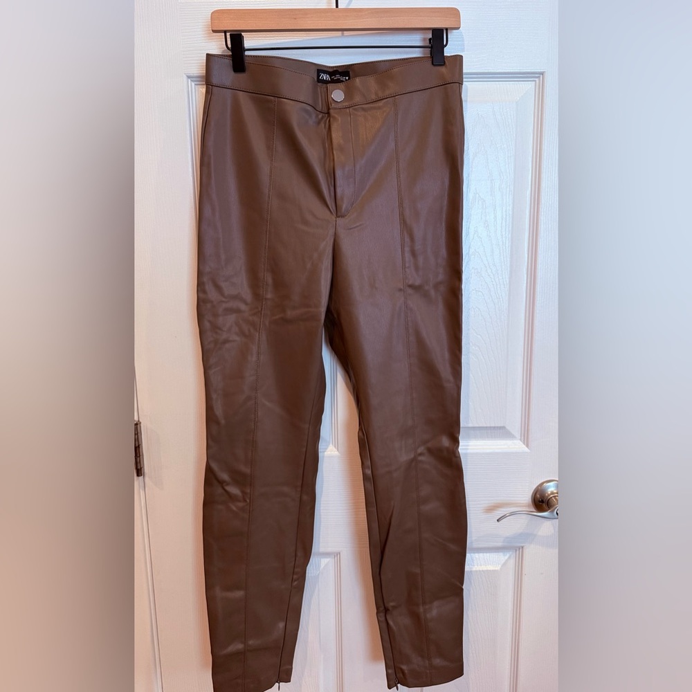 Zara Brown Ankle Pants Faux Learher
